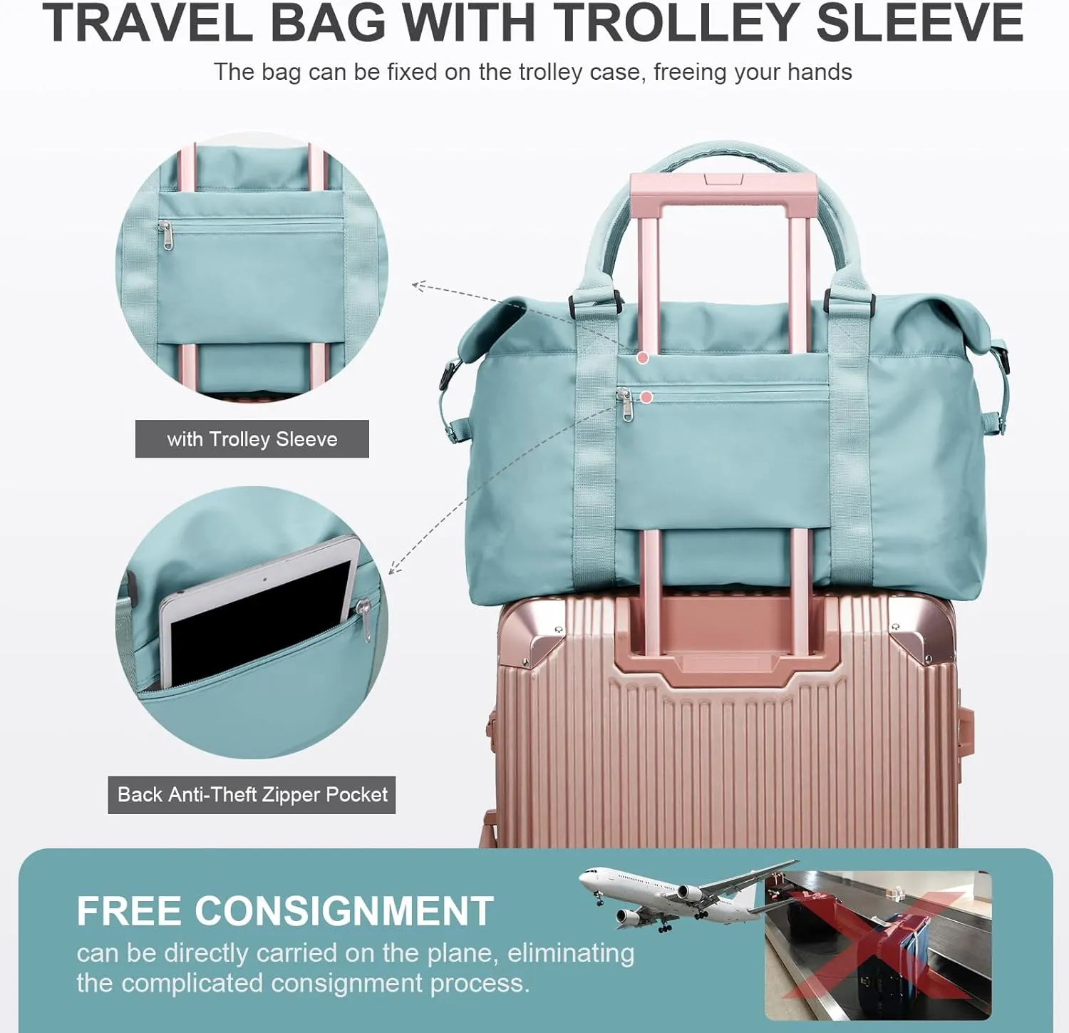 Travel Duffel Bag,Waterproof Duffel Gym Tote Bag Personal Item Bag,Large Sports Weekender Carry On Overnight Bags for Women with Wet Pocket,Duffel Hospital Bag, Light Blue