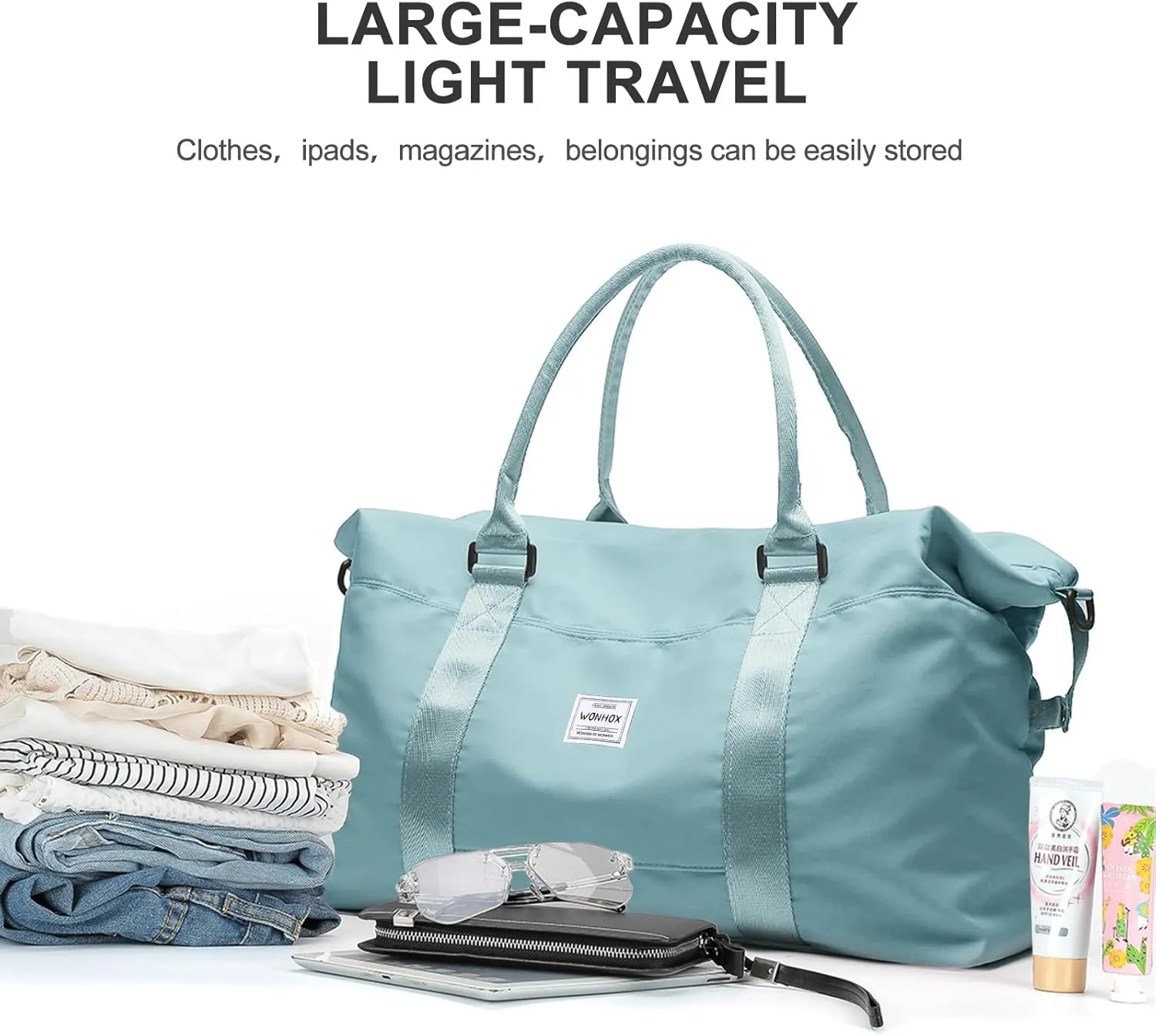 Travel Duffel Bag,Waterproof Duffel Gym Tote Bag Personal Item Bag,Large Sports Weekender Carry On Overnight Bags for Women with Wet Pocket,Duffel Hospital Bag, Light Blue