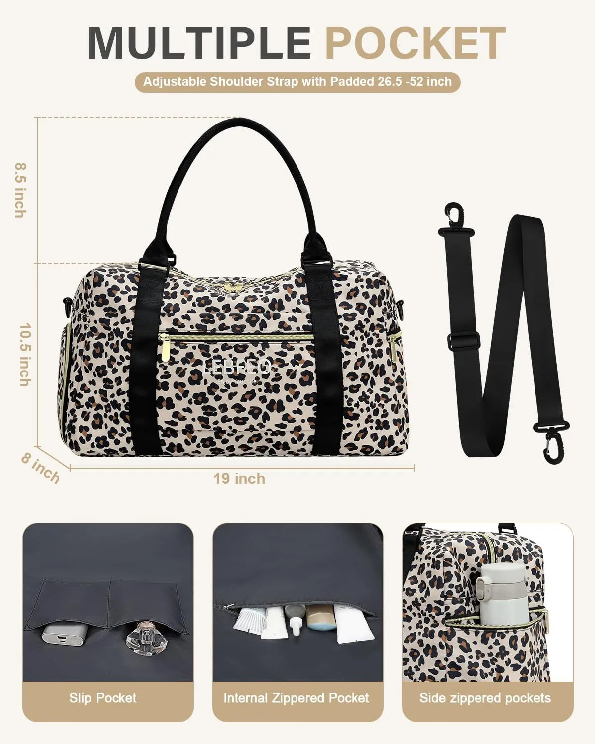 Travel Duffle Bag for Women Large Weekender Overnight Bags Gym Bag with Shoe Compartment Waterproof Hospital Bag Carry On Tote Bag for Airplanes,Leopard