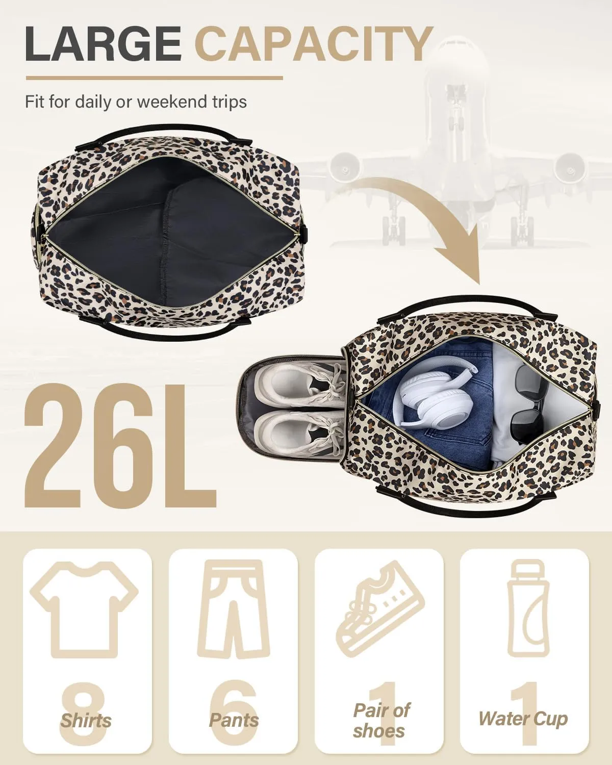 Travel Duffle Bag for Women Large Weekender Overnight Bags Gym Bag with Shoe Compartment Waterproof Hospital Bag Carry On Tote Bag for Airplanes,Leopard