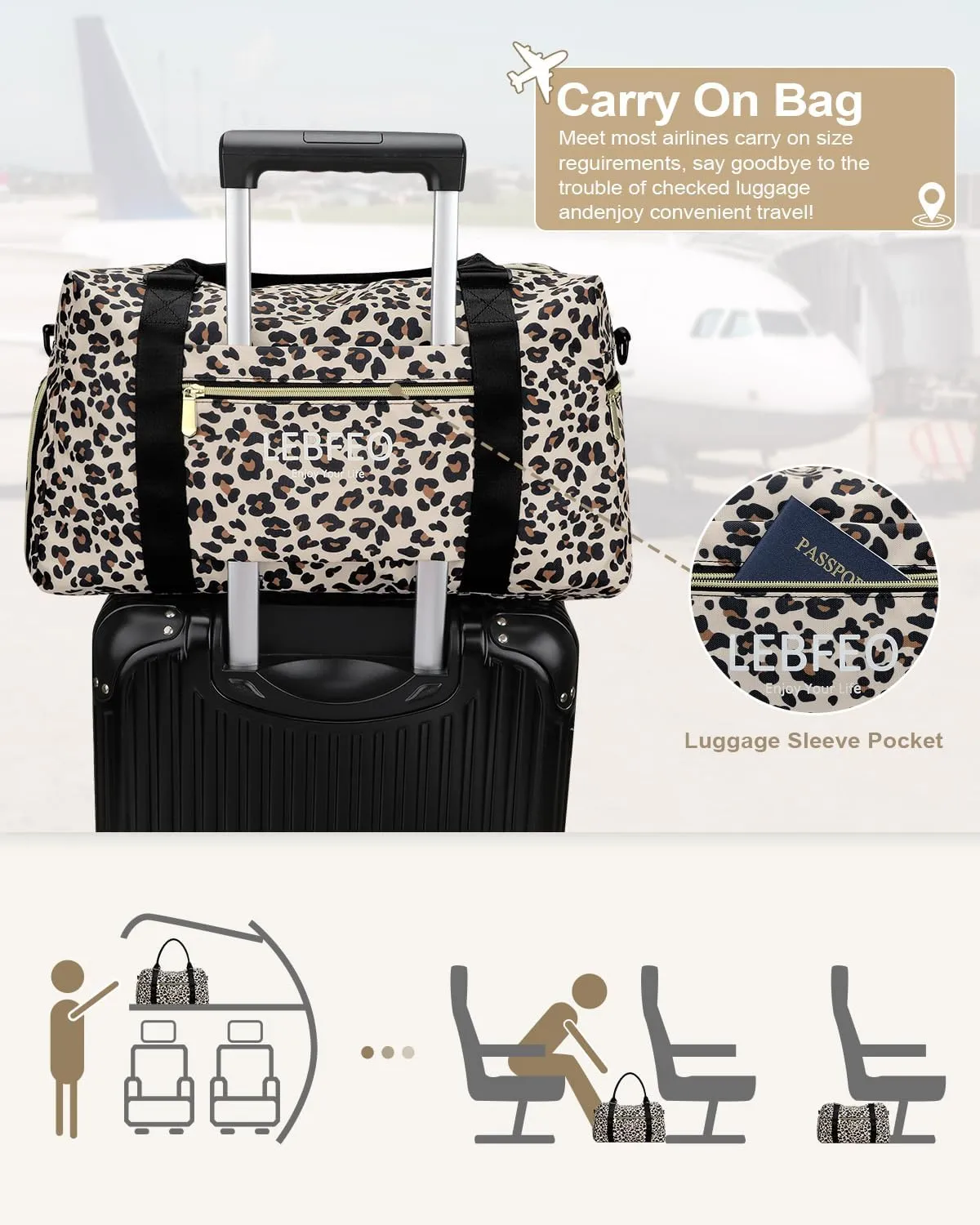 Travel Duffle Bag for Women Large Weekender Overnight Bags Gym Bag with Shoe Compartment Waterproof Hospital Bag Carry On Tote Bag for Airplanes,Leopard