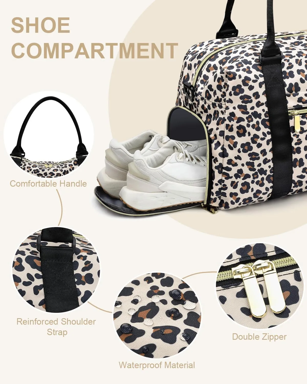 Travel Duffle Bag for Women Large Weekender Overnight Bags Gym Bag with Shoe Compartment Waterproof Hospital Bag Carry On Tote Bag for Airplanes,Leopard