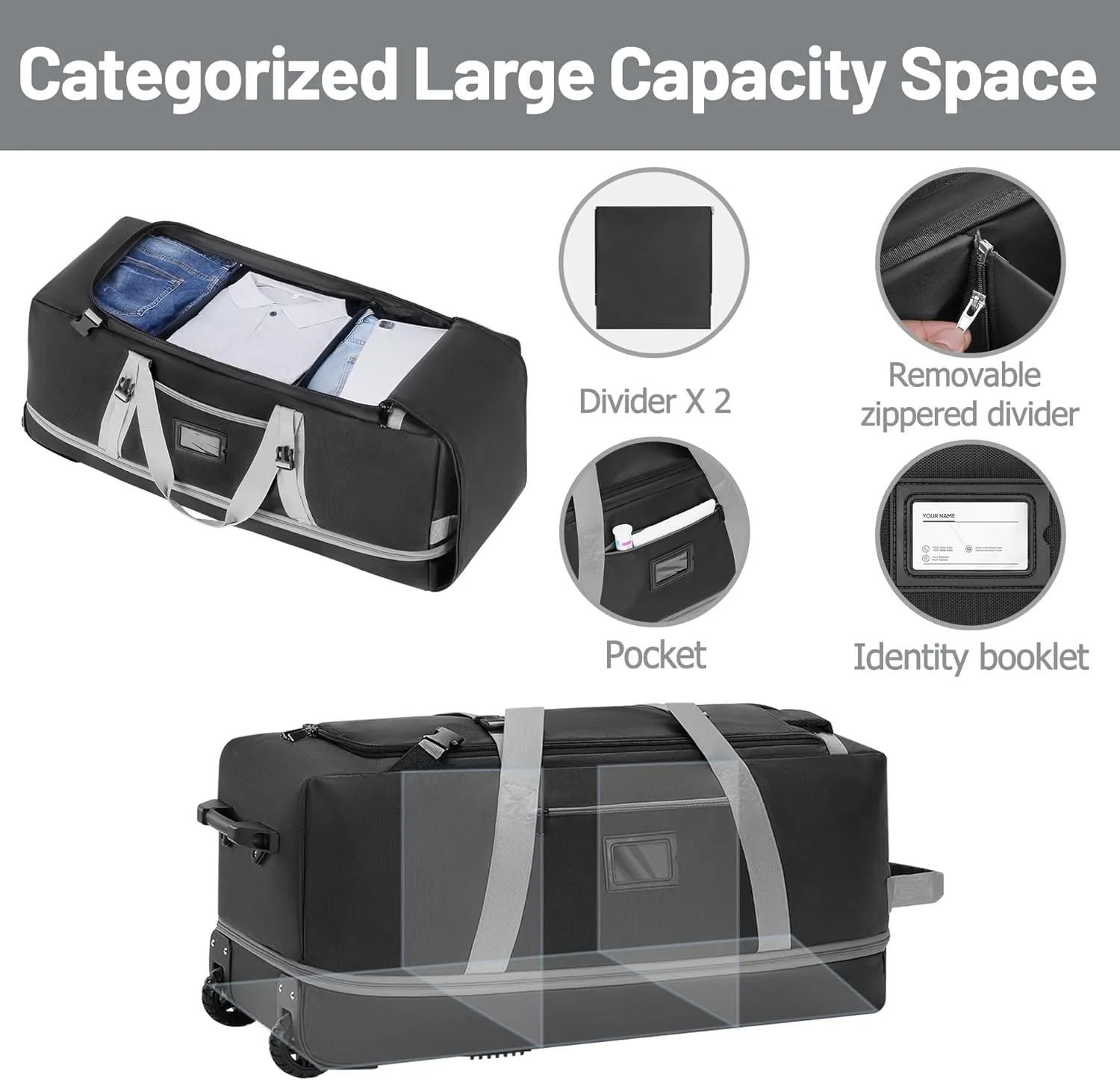 Travel Duffle Bag with Wheels, Large Capacity Rolling Duffle Bag for Travel, Duffle Roller Bags Rolling Luggage Bag with Multi-pocket for Travel (Expandable from 109L to 129L)