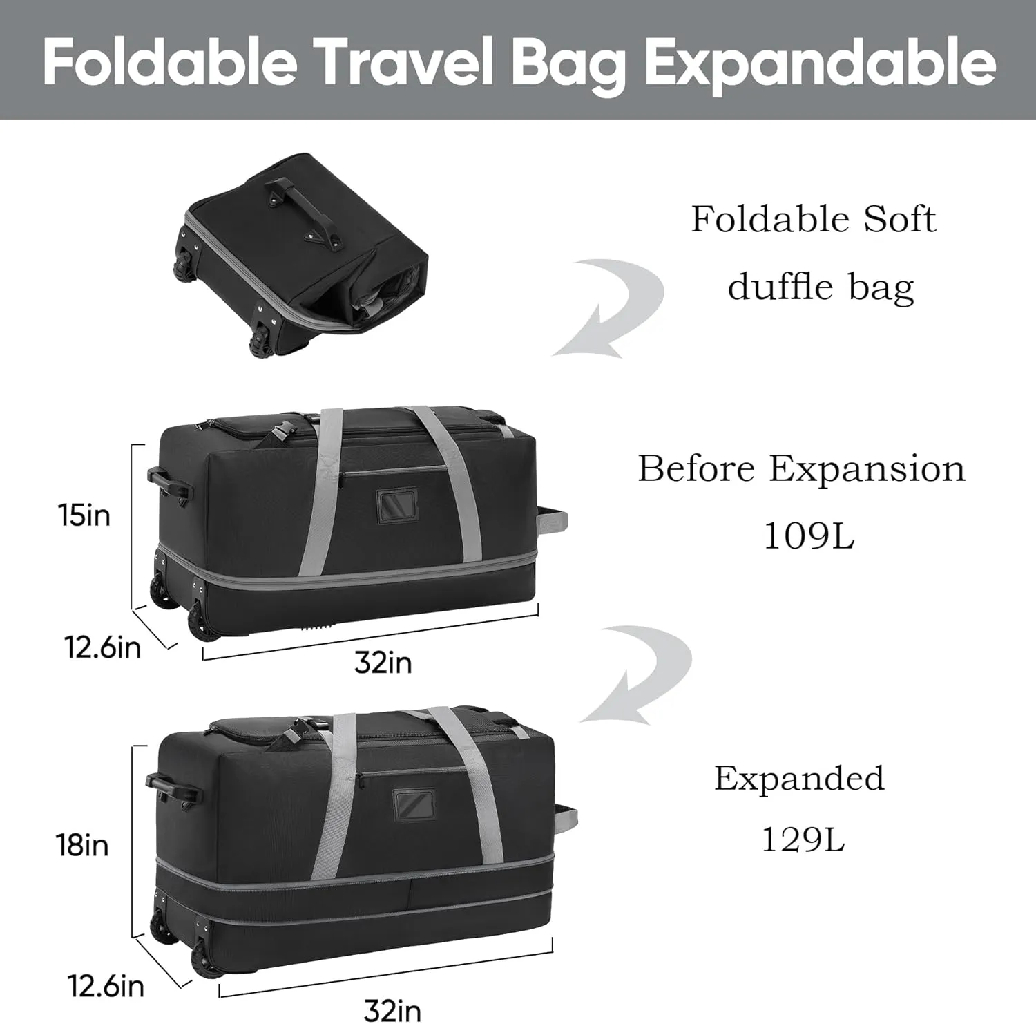 Travel Duffle Bag with Wheels, Large Capacity Rolling Duffle Bag for Travel, Duffle Roller Bags Rolling Luggage Bag with Multi-pocket for Travel (Expandable from 109L to 129L)