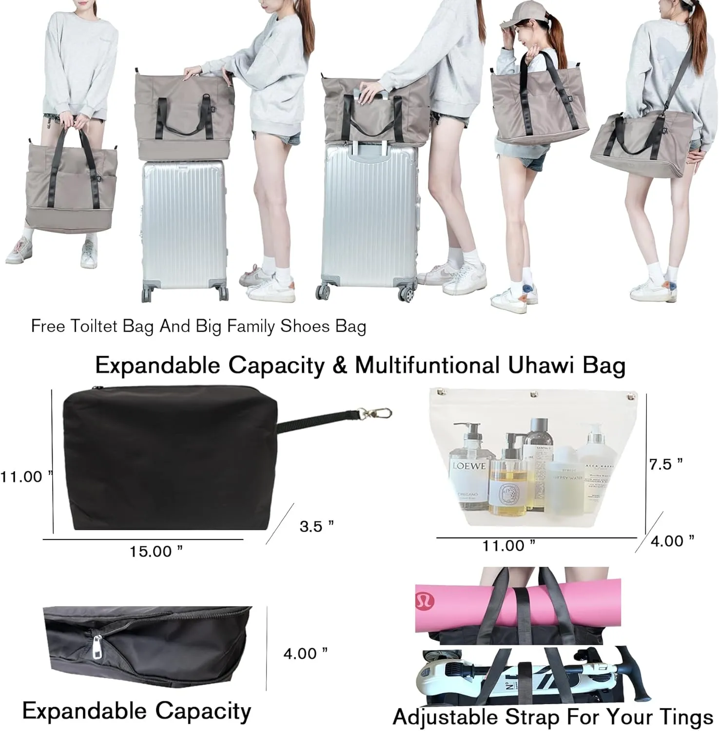 Travel Duffle Bag,Weekender Bags for Women with Big Family Shoe Bag Buckle Toiletry Wet bag Laptop compartment,Expandable Capacity,Gym Duffel Bag,Overnight Bag,Hospital Bags (Brown)