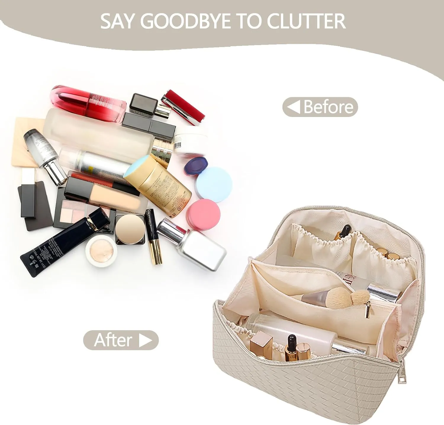 Travel Large Capacity Cosmetic Bag with Compartment Waterproof PU Leather Makeup Bag for Women and Girl Travel Bathroom Portable Checkered Beige