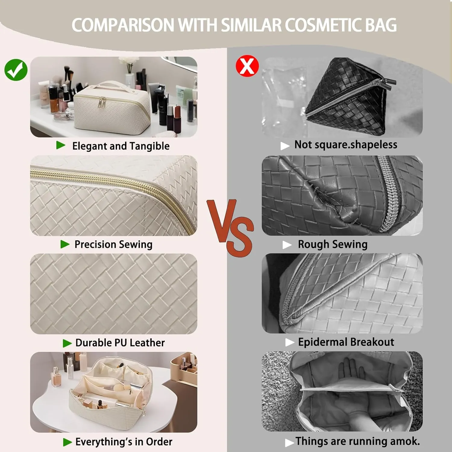 Travel Large Capacity Cosmetic Bag with Compartment Waterproof PU Leather Makeup Bag for Women and Girl Travel Bathroom Portable Checkered Beige