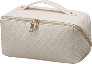 Travel Large Capacity Cosmetic Bag with Compartment Waterproof PU Leather Makeup Bag for Women and Girl Travel Bathroom Portable Checkered Beige