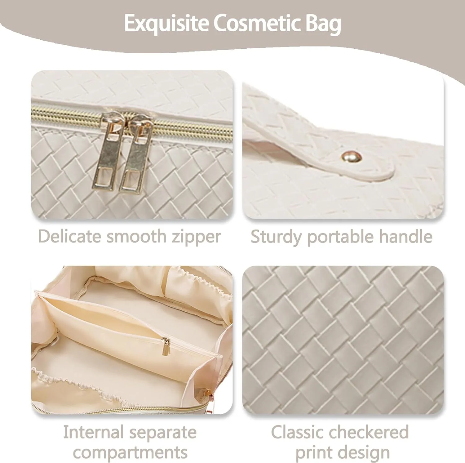 Travel Large Capacity Cosmetic Bag with Compartment Waterproof PU Leather Makeup Bag for Women and Girl Travel Bathroom Portable Checkered Beige