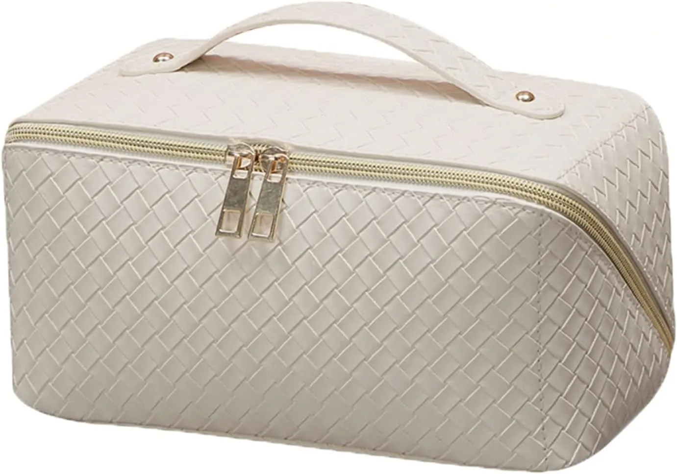 Travel Large Capacity Cosmetic Bag with Compartment Waterproof PU Leather Makeup Bag for Women and Girl Travel Bathroom Portable Checkered Beige