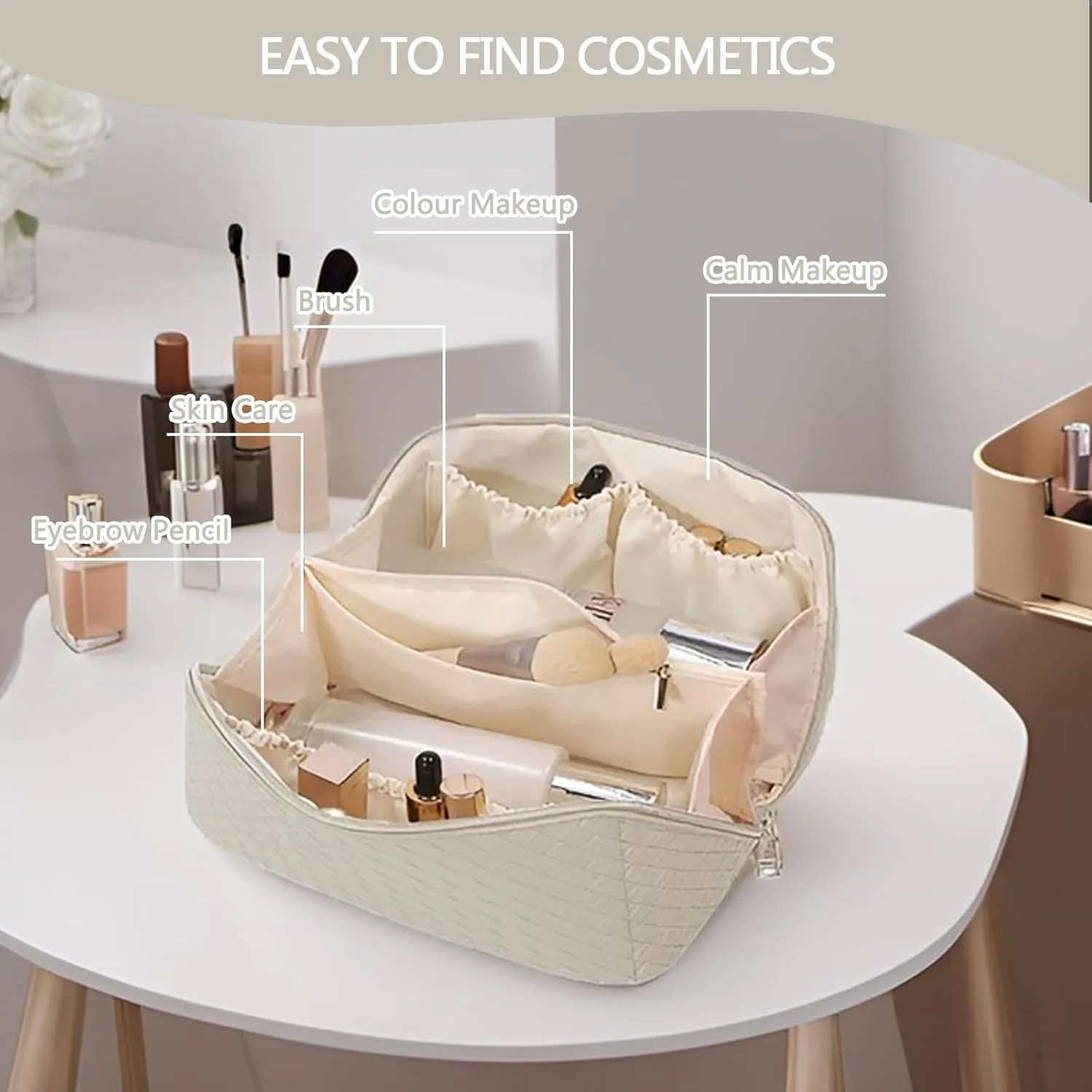 Travel Large Capacity Cosmetic Bag with Compartment Waterproof PU Leather Makeup Bag for Women and Girl Travel Bathroom Portable Checkered Beige