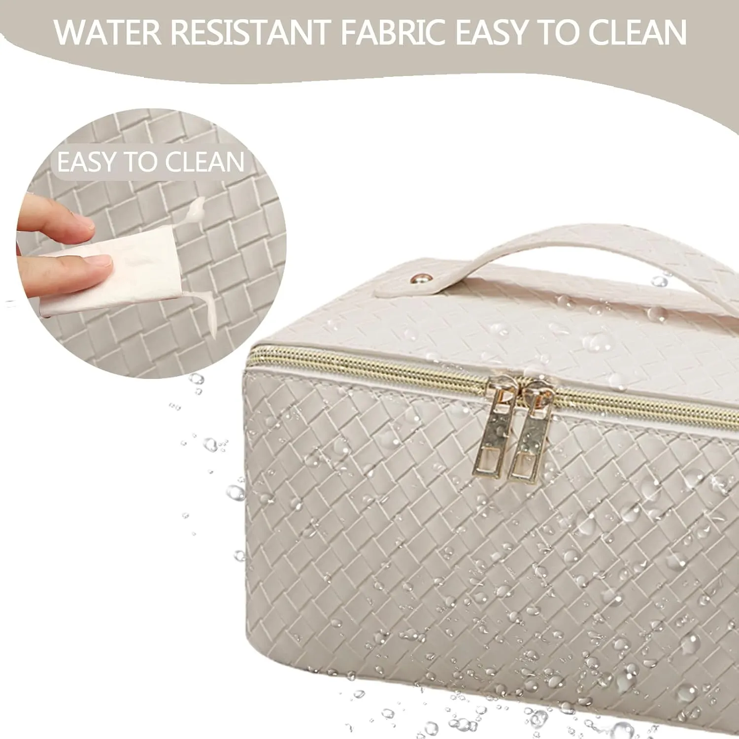 Travel Large Capacity Cosmetic Bag with Compartment Waterproof PU Leather Makeup Bag for Women and Girl Travel Bathroom Portable Checkered Beige