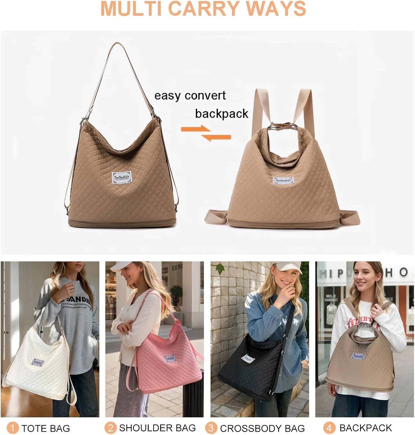 Travel Tote Bag 4 in 1 Convertible Backpack for Women, Waterproof Gym Tote Bag Expandable Shoulder Hobo Handbags