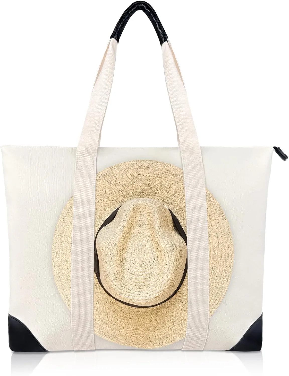 Travel Tote Bag with Hat Holder Strap, Canvas Beach Tote with Leather Accents, Hat Holder for Travel(Hat not included)