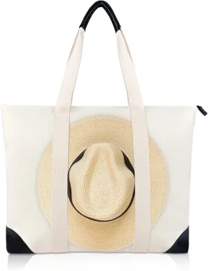 Travel Tote Bag with Hat Holder Strap, Canvas Beach Tote with Leather Accents, Hat Holder for Travel(Hat not included)