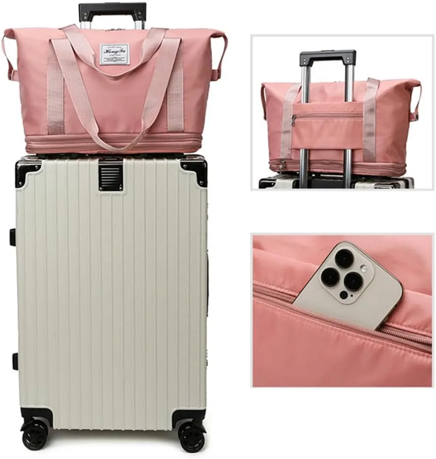 Travel Tote Bag with Trolley Sleeve Expandable Extra Duffel Bag with Wheels Lightweight Traveling Foldable Suitcase