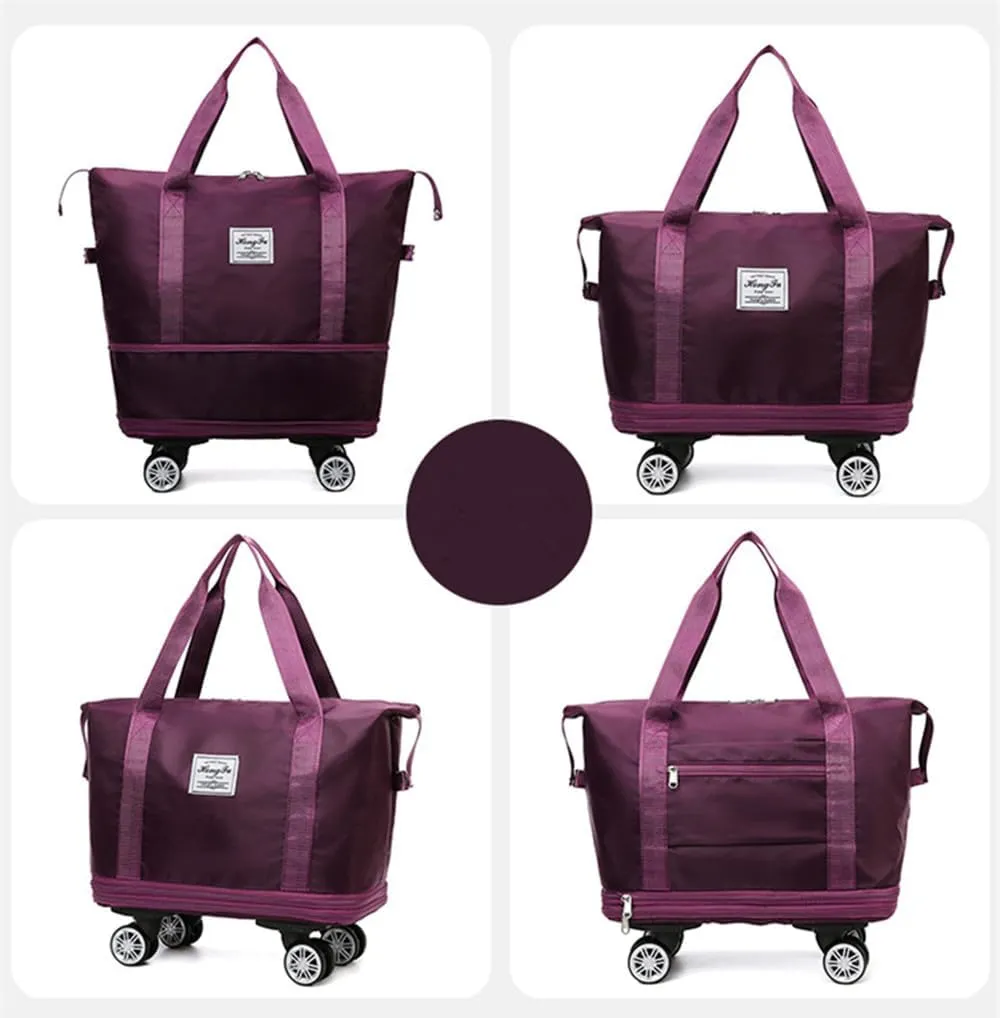 Travel Tote Bag with Trolley Sleeve Expandable Extra Duffel Bag with Wheels Lightweight Traveling Foldable Suitcase