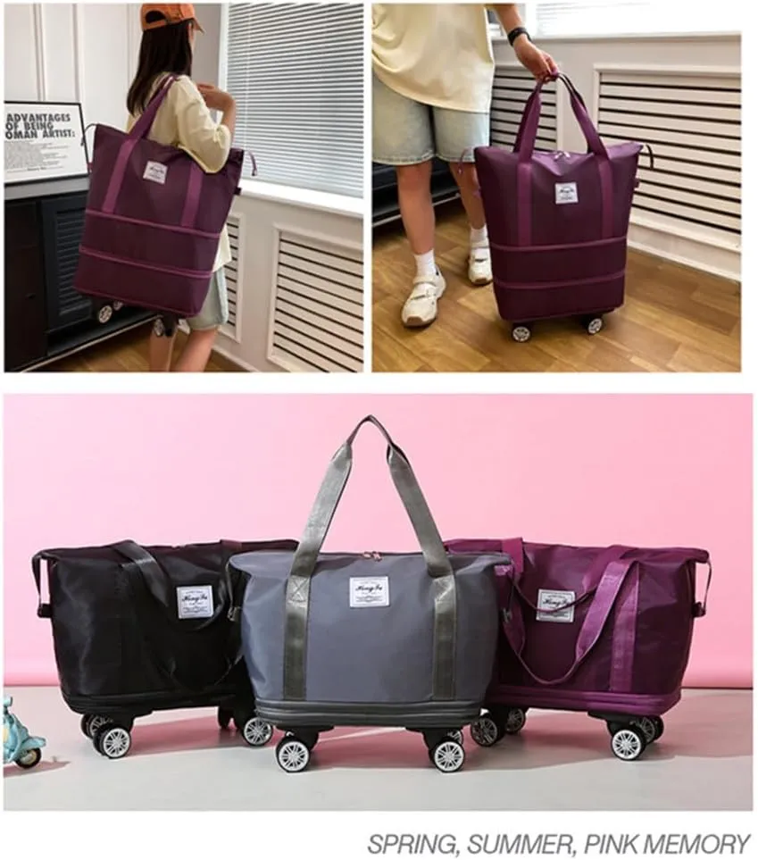 Travel Tote Bag with Trolley Sleeve Expandable Extra Duffel Bag with Wheels Lightweight Traveling Foldable Suitcase