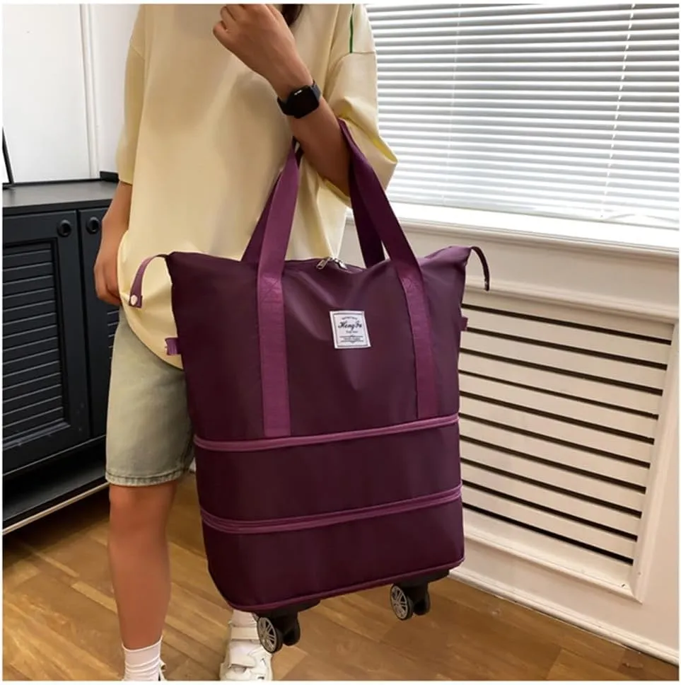Travel Tote Bag with Trolley Sleeve Expandable Extra Duffel Bag with Wheels Lightweight Traveling Foldable Suitcase