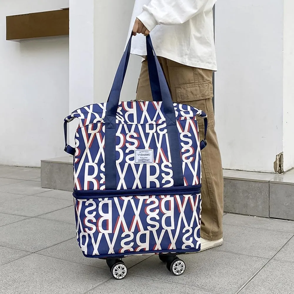 Travel Tote Bags with Trolley Sleeve Expandable Extra Duffel Bag with Wheels Lightweight Foldable Suitcase