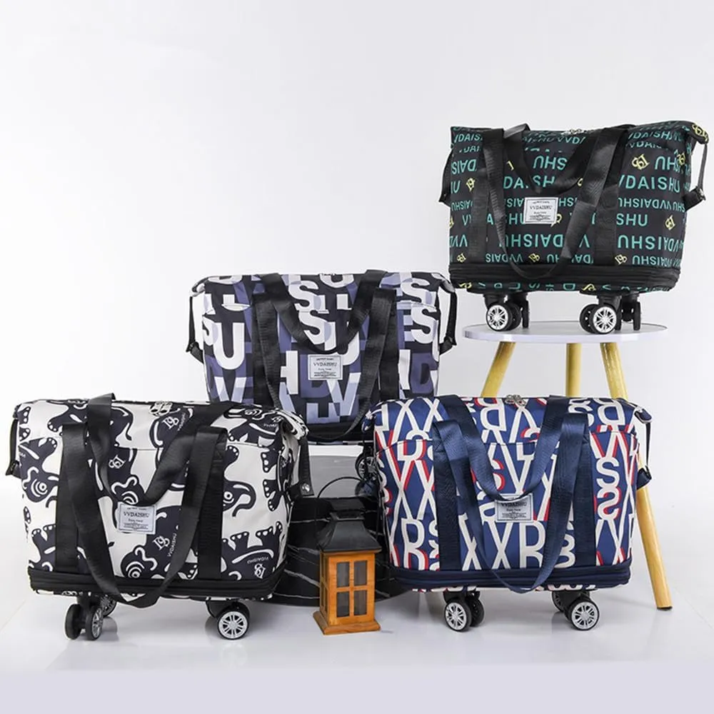 Travel Tote Bags with Trolley Sleeve Expandable Extra Duffel Bag with Wheels Lightweight Foldable Suitcase