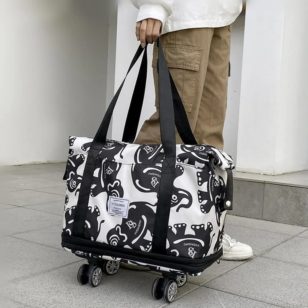 Travel Tote Bags with Trolley Sleeve Expandable Extra Duffel Bag with Wheels Lightweight Foldable Suitcase