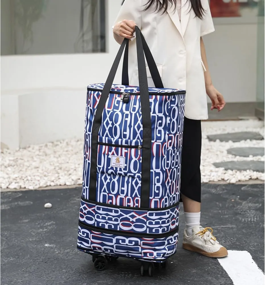 Travel Tote Bags with Trolley Sleeve Expandable Extra Oxford Duffel Bag with Wheels Lightweight Foldable Suitcase