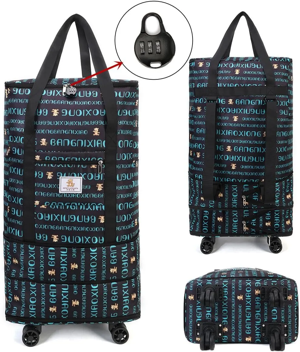 Travel Tote Bags with Trolley Sleeve Expandable Extra Oxford Duffel Bag with Wheels Lightweight Foldable Suitcase