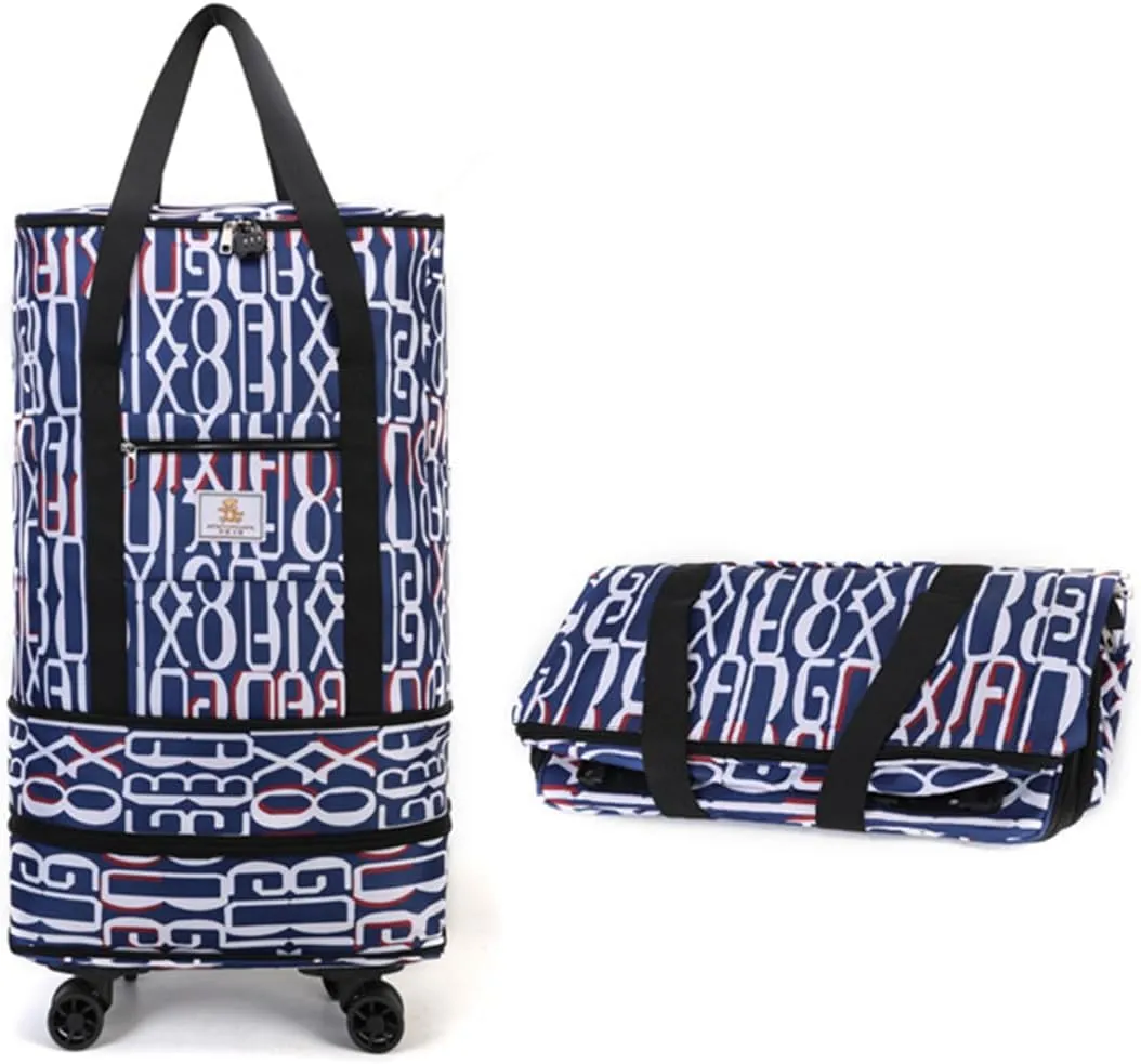 Travel Tote Bags with Trolley Sleeve Expandable Extra Oxford Duffel Bag with Wheels Lightweight Foldable Suitcase