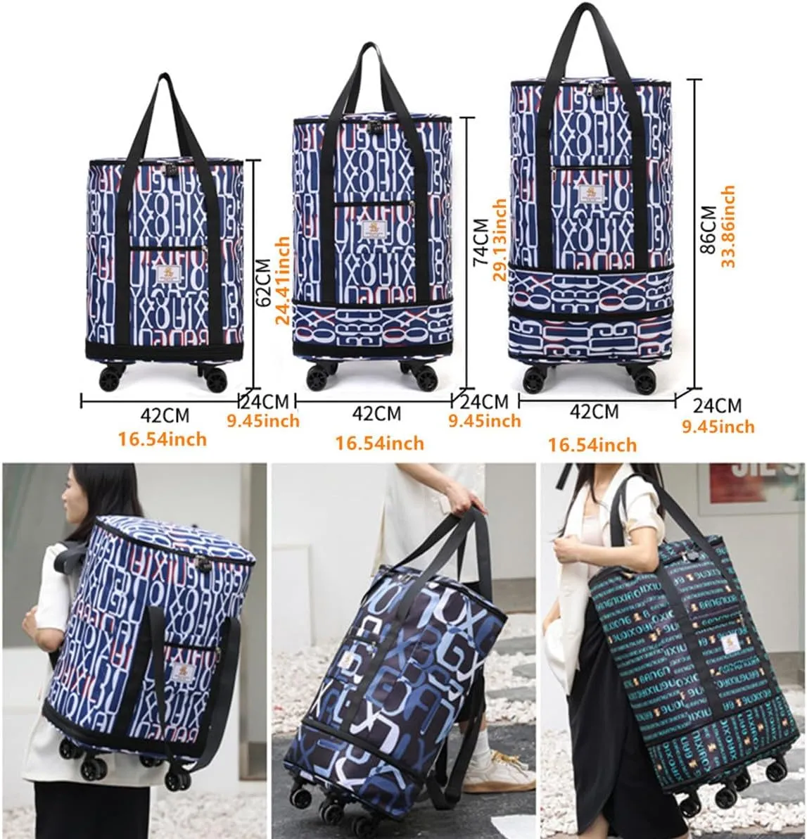 Travel Tote Bags with Trolley Sleeve Expandable Extra Oxford Duffel Bag with Wheels Lightweight Foldable Suitcase