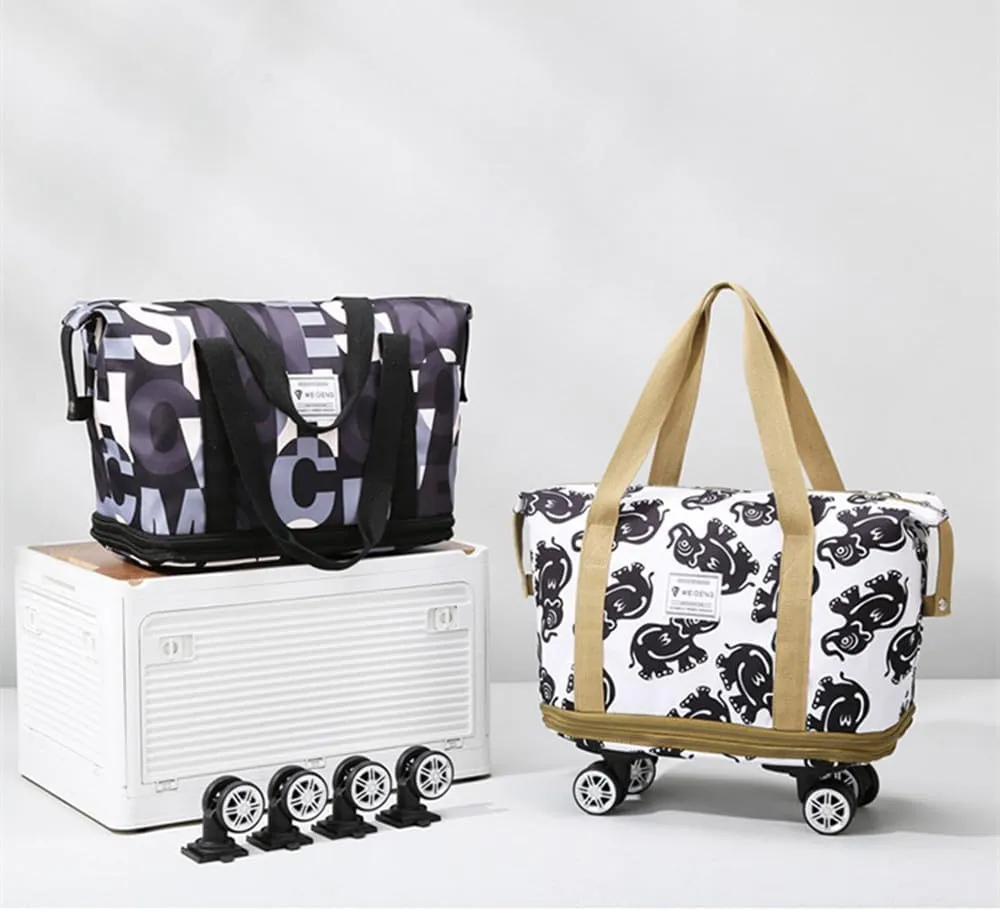 Travel Tote Bags with Trolley Sleeve Expandable Extra Waterproof Oxford Duffel Bag with Wheels
