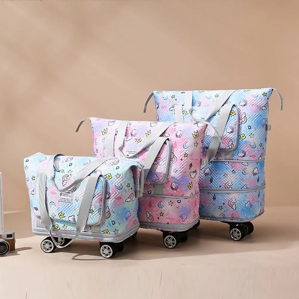 Travel Tote Bags with Trolley Sleeve Expandable Extra Waterproof Rainbow Oxford Duffel Bag with Wheels