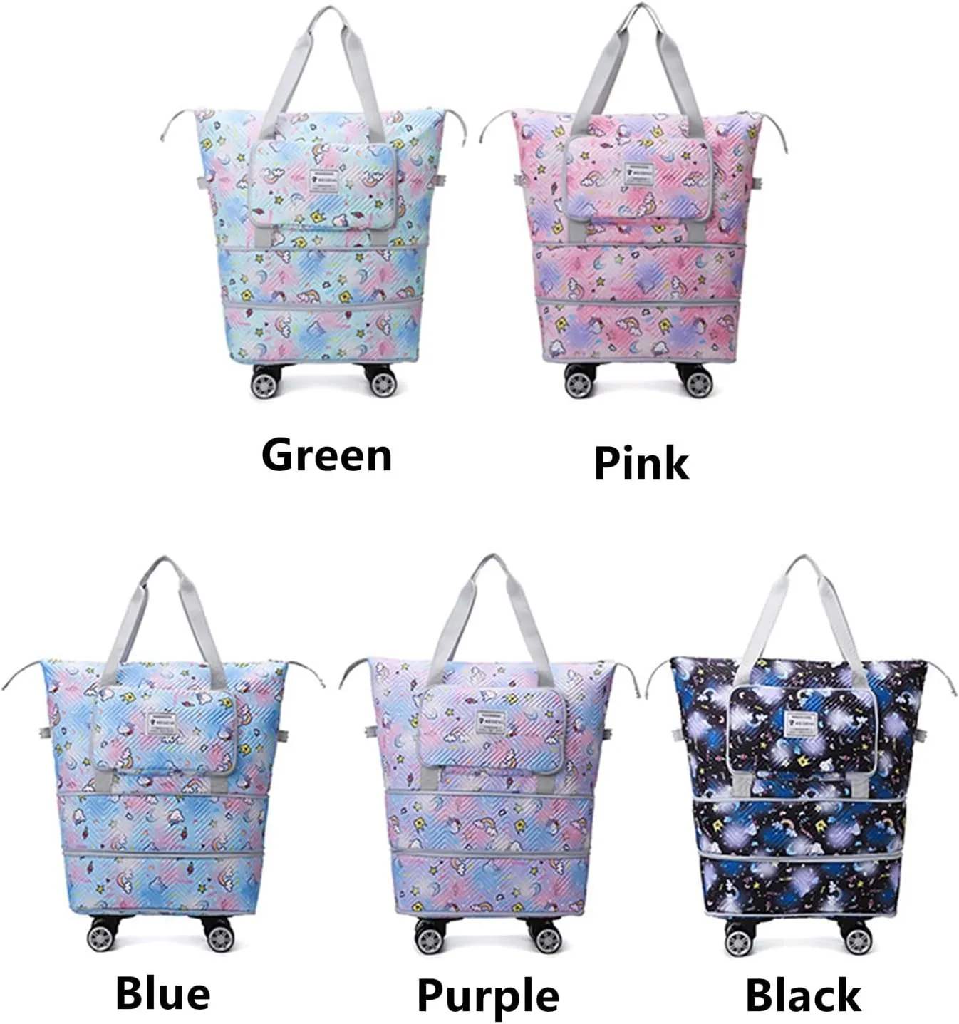 Travel Tote Bags with Trolley Sleeve Expandable Extra Waterproof Rainbow Oxford Duffel Bag with Wheels