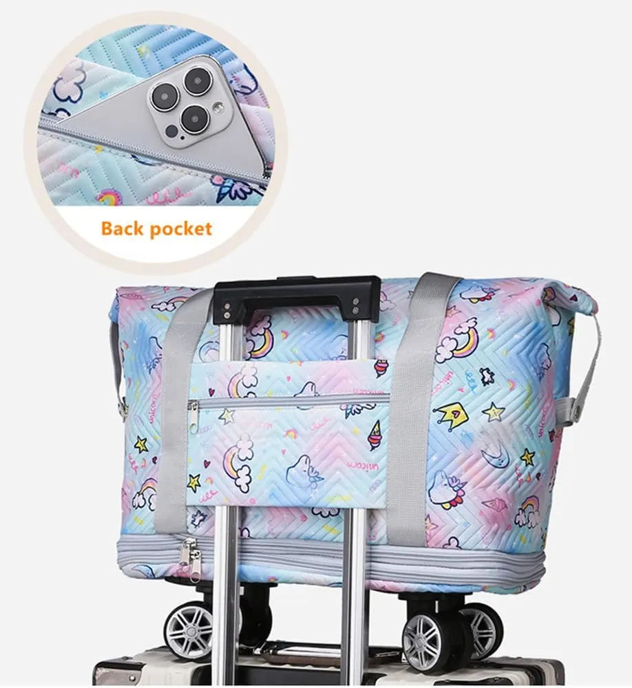 Travel Tote Bags with Trolley Sleeve Expandable Extra Waterproof Rainbow Oxford Duffel Bag with Wheels