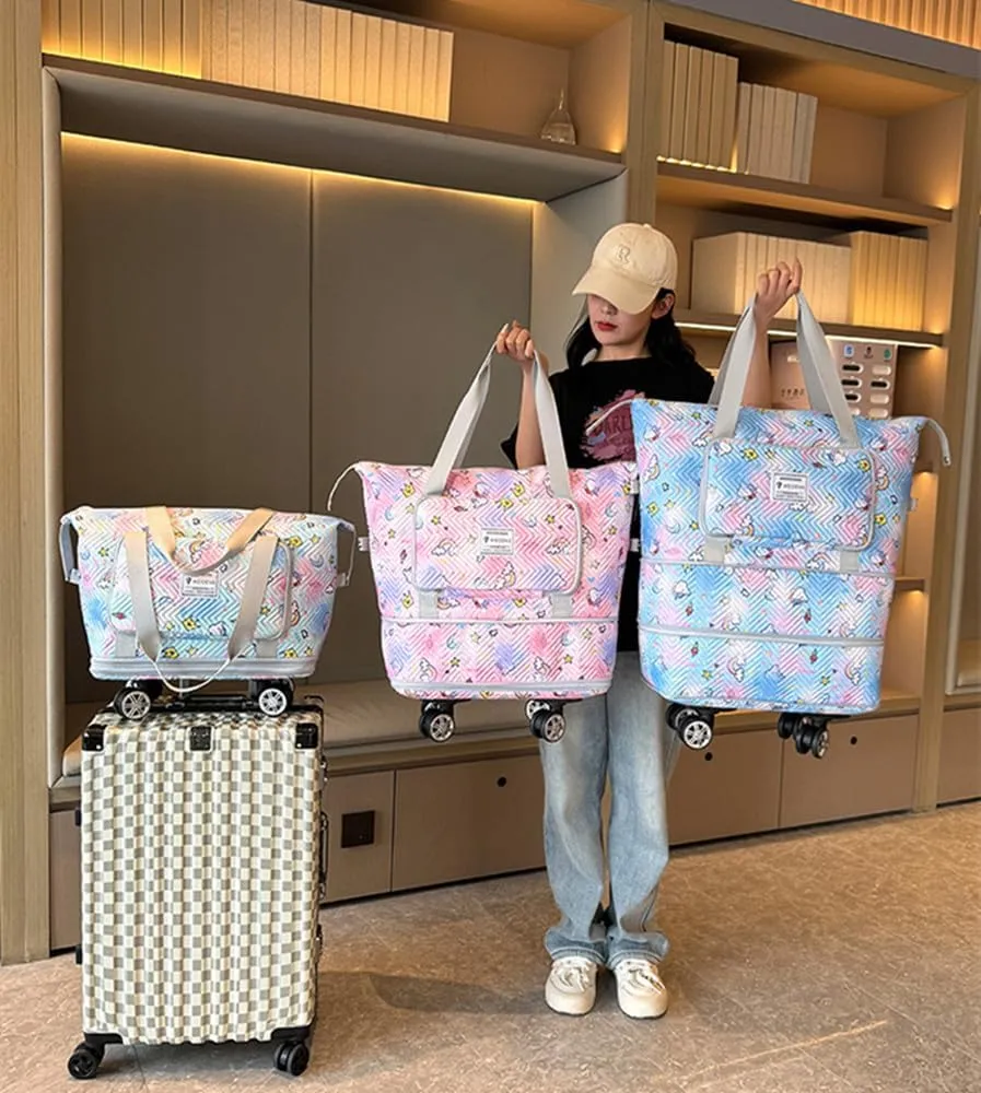 Travel Tote Bags with Trolley Sleeve Expandable Extra Waterproof Rainbow Oxford Duffel Bag with Wheels