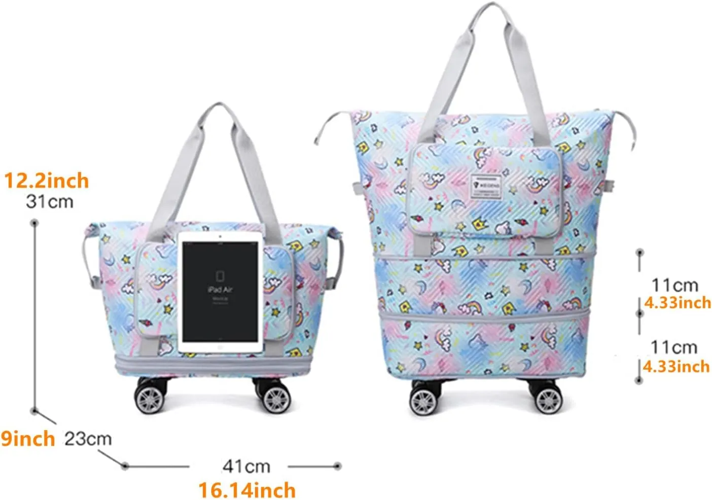 Travel Tote Bags with Trolley Sleeve Expandable Extra Waterproof Rainbow Oxford Duffel Bag with Wheels
