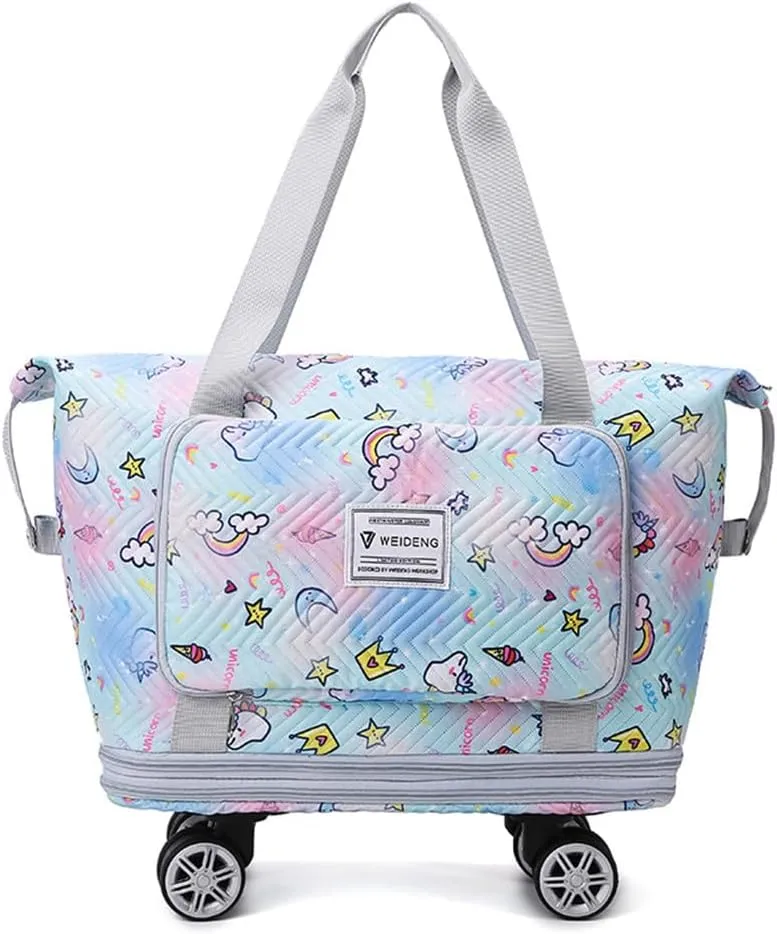 Travel Tote Bags with Trolley Sleeve Expandable Extra Waterproof Rainbow Oxford Duffel Bag with Wheels