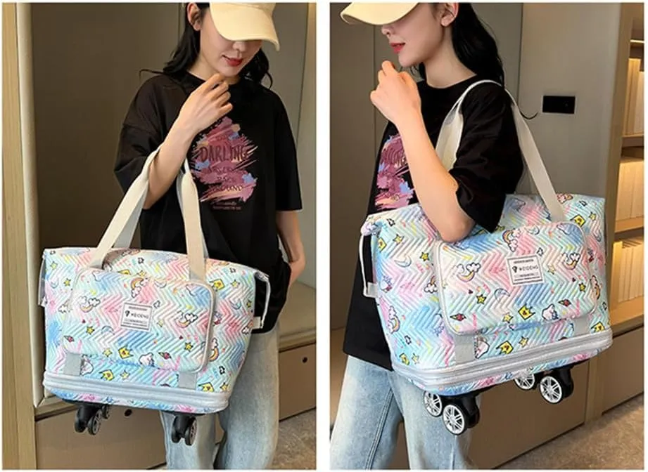 Travel Tote Bags with Trolley Sleeve Expandable Extra Waterproof Rainbow Oxford Duffel Bag with Wheels