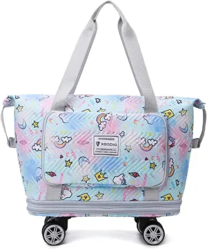 Travel Tote Bags with Trolley Sleeve Expandable Extra Waterproof Rainbow Oxford Duffel Bag with Wheels