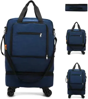 Travel Tote Bags with Trolley Sleeve Multifunctional Large Expandable Extra Sports Luggage Bag with Exclusive Shoe Pocket Waterproof Oxford Duffel Bag with Wheels (Dark Blue)