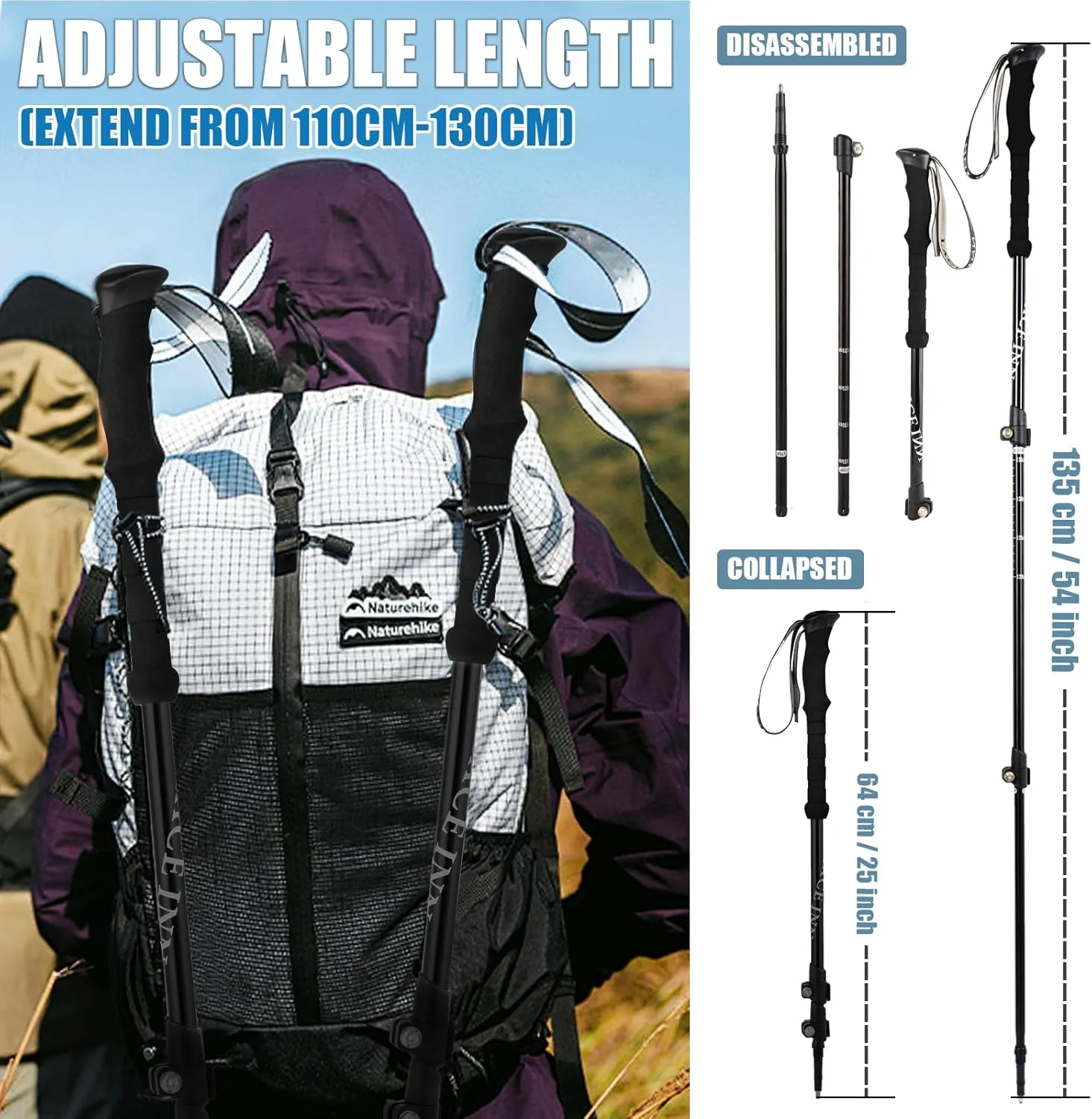 Trekking Poles - 2PC Hiking Poles for Backpacking, Ultralight Telescopic Walking Sticks, Aircraft-Grade 7075 Aluminum with EVA Foam Grips, Lightweight Hiking Sticks for Seniors Women Men