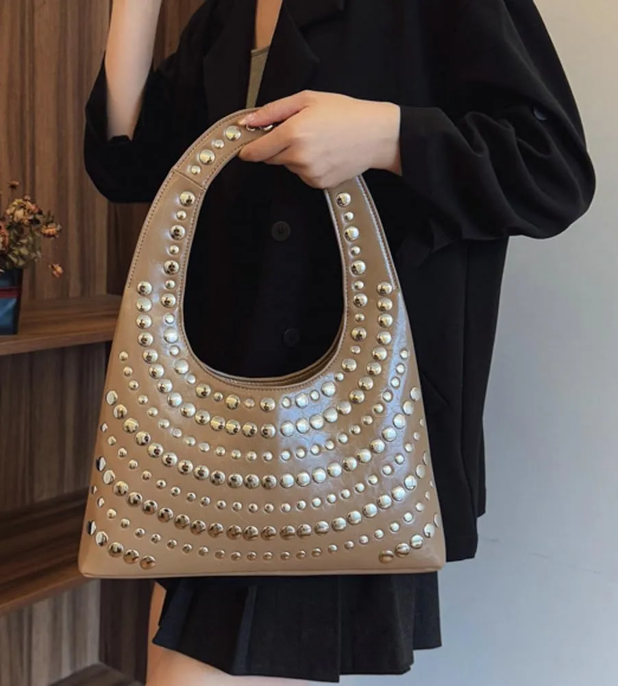 Trendy Studded Shoulder Bag For Women Vegan Leather Underarm Purse Y2K Womens Tote Bag For Work Punk Purse Travel 2025