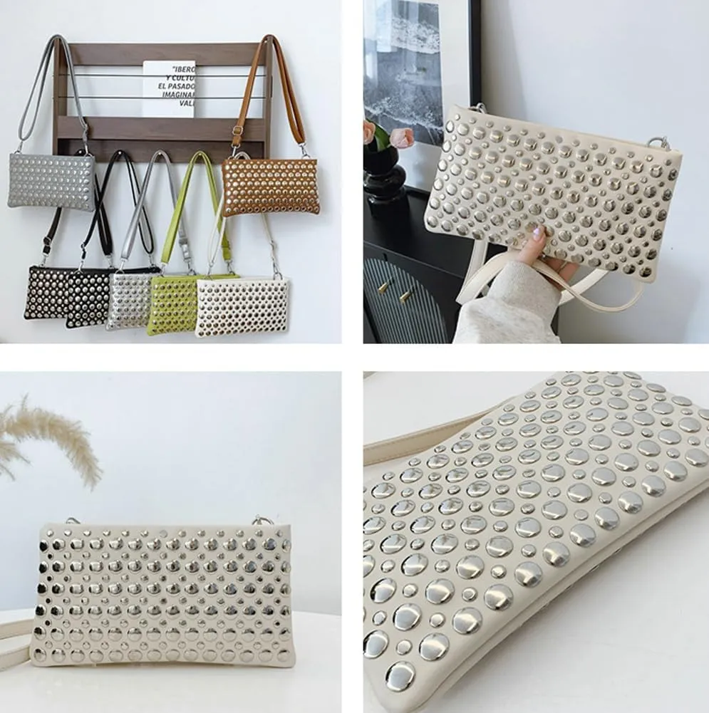 Trendy Studded Square Bag For Women Vegan Leather Evening Purse Y2K Womens Crossbody Bag For Work Punk Purse with Zipper 2025
