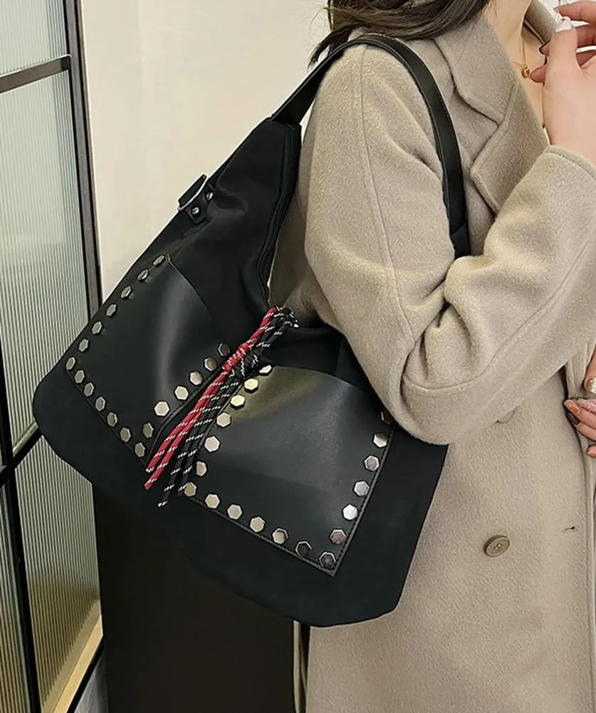 Trendy Suede Shoulder Bag for Women Large Y2k Rivet Crossbody Tote Purse Working Handbags Top Handle Satchel