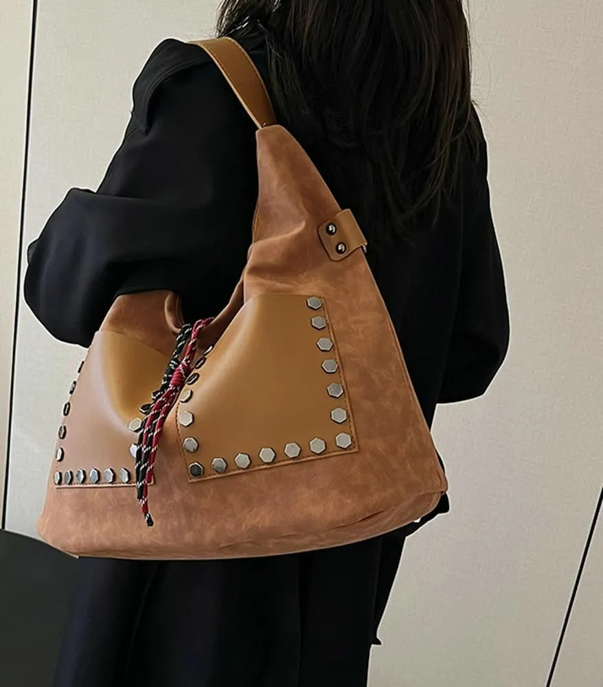 Trendy Suede Shoulder Bag for Women Large Y2k Rivet Crossbody Tote Purse Working Handbags Top Handle Satchel