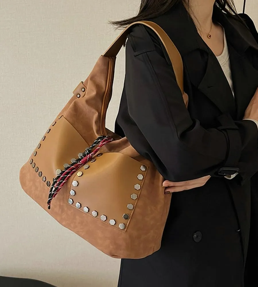 Trendy Suede Shoulder Bag for Women Large Y2k Rivet Crossbody Tote Purse Working Handbags Top Handle Satchel