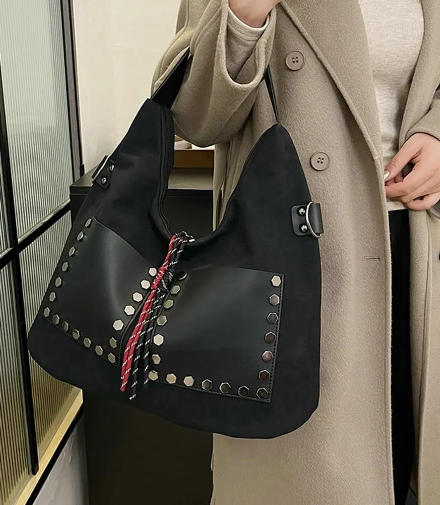 Trendy Suede Shoulder Bag for Women Large Y2k Rivet Crossbody Tote Purse Working Handbags Top Handle Satchel