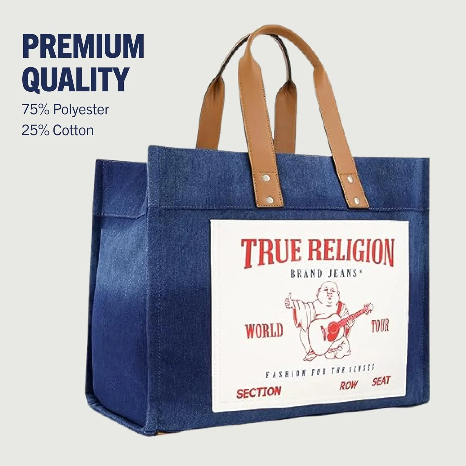 True Religion Large Tote Bag, Canvas Travel Carryall Shoulder Handbag