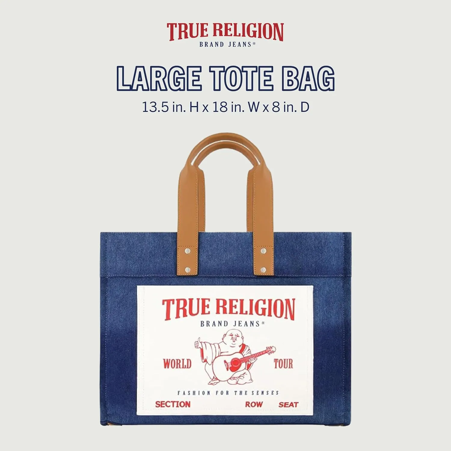 True Religion Large Tote Bag, Canvas Travel Carryall Shoulder Handbag