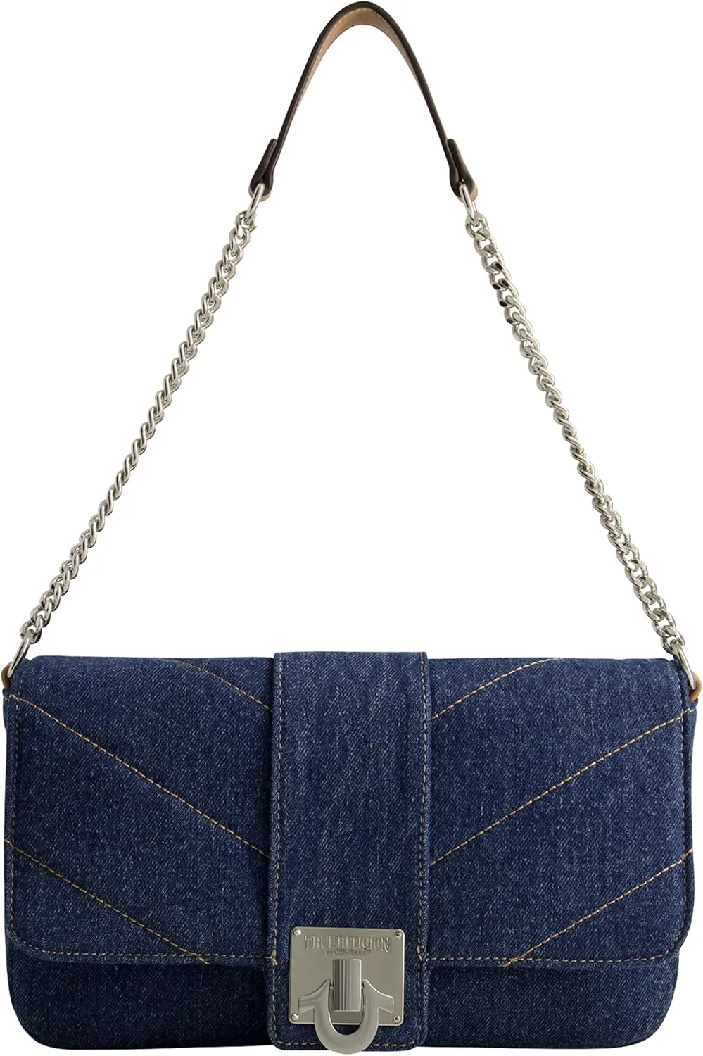True Religion Women's Denim Shoulder Bag Purse, Mini Handbag with Chain Strap